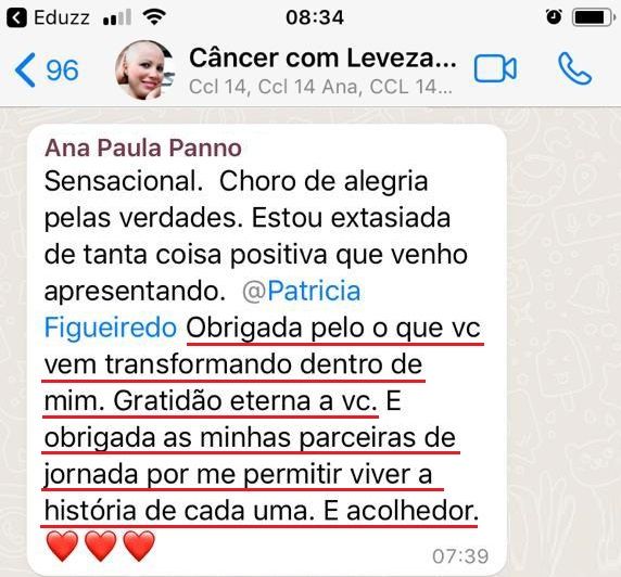 Depoimento de aluna no grupo Câncer com Leveza
