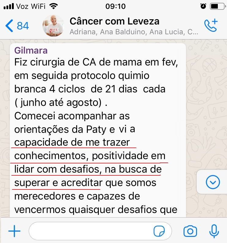 Depoimento de aluna no grupo Câncer com Leveza