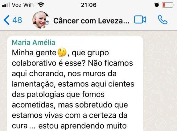 Depoimento de aluna no grupo Câncer com Leveza