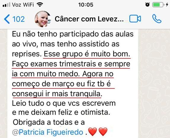 Depoimento de aluna no grupo Câncer com Leveza