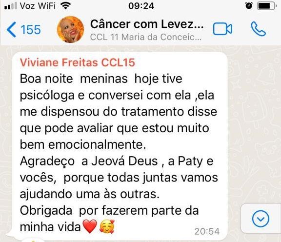 Depoimento de aluna no grupo Câncer com Leveza